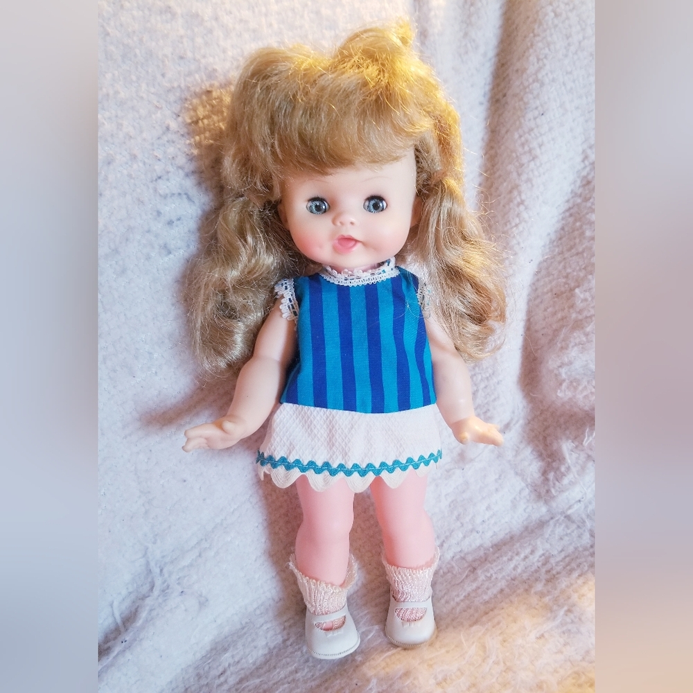 Star Doll Sleepy Eye with Pigtails Blue Dress and White Shoes Vintage